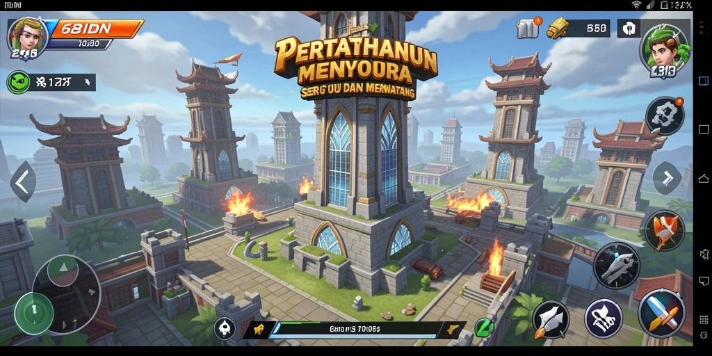 Tampilan gameplay seru di 68IDN dengan menara bertahan.