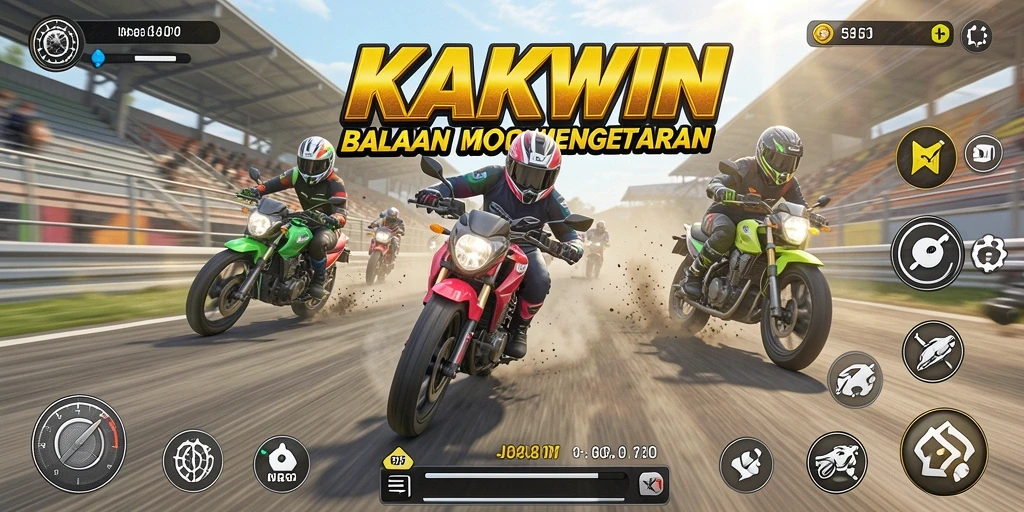 Screenshot gameplay KAKWIN menampilkan balapan motor yang mendebarkan.