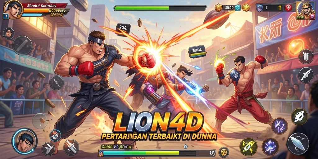 Screen utama LION4D menampilkan karakter bertarung dalam arena penuh aksi.