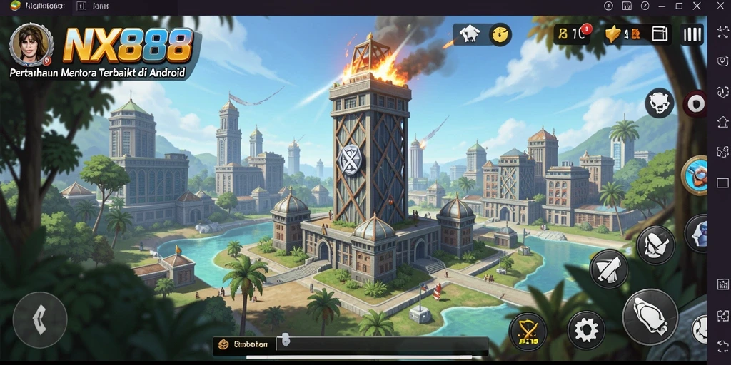 Screenshot gameplay NX888 dengan menara yang terpasang dan musuh mendekat.
