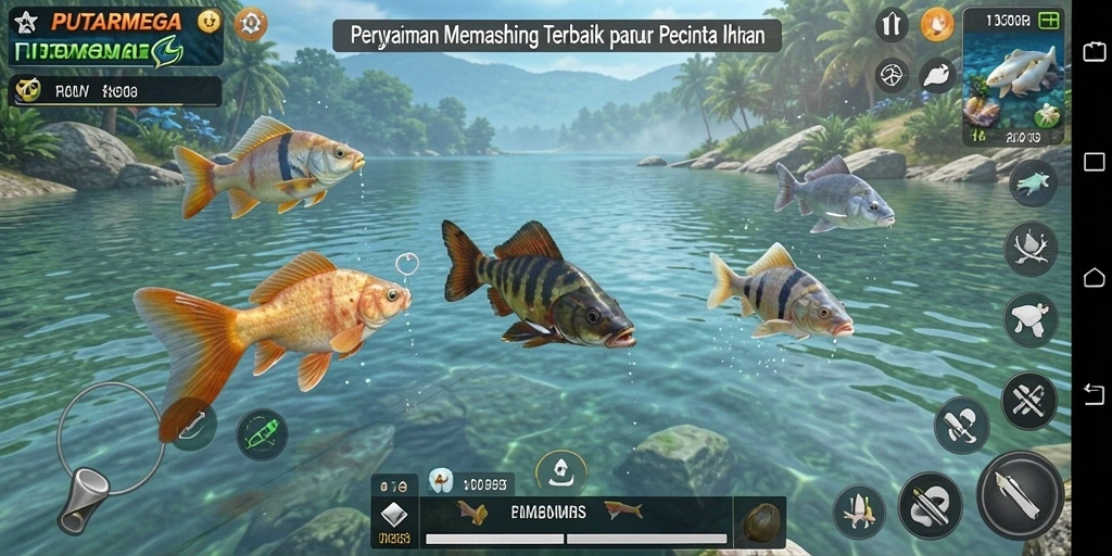 Screenshot menunjukkan pemain asyik menangkap ikan di danau.