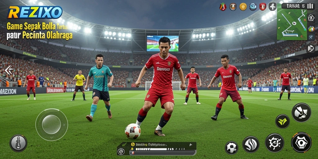 Screenshot gameplay REZIXO menampilkan aksi menarik di lapangan sepak bola.